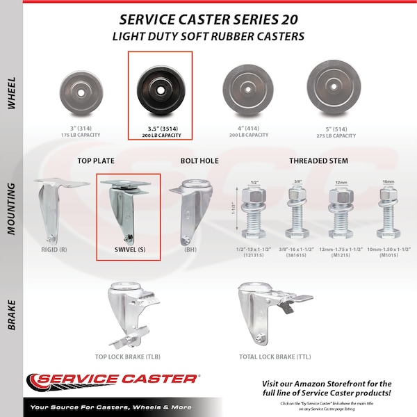 3.5 Inch Soft Rubber Wheel Swivel Top Plate Caster Set with 2 Brakes SCC